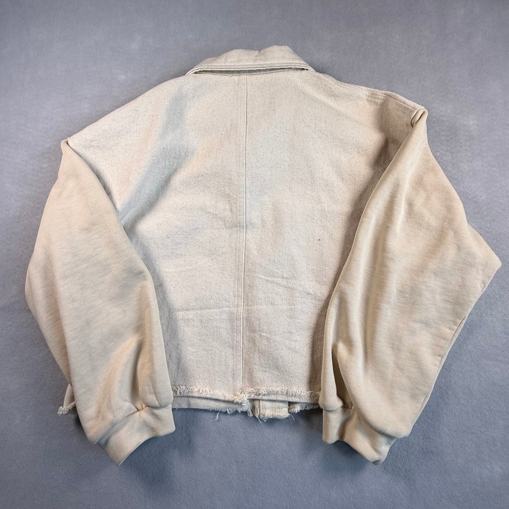 Roolee Cream Cropped Denim Jacket Mixed Media Knit Sleeves Raw Hem Small OI5312 - Picture 8 of 9